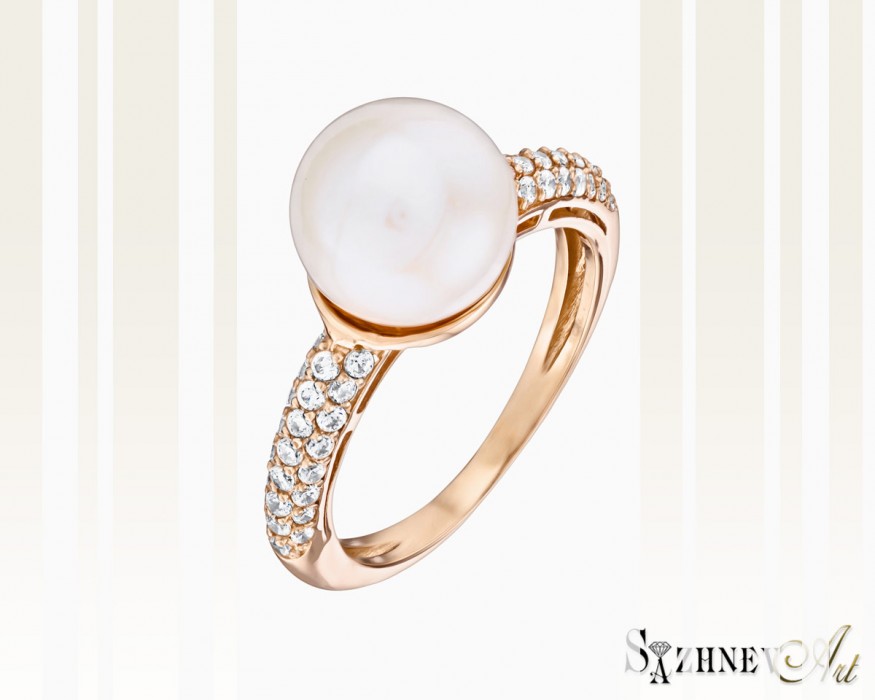 Red Gold Pearl and Cubic Zirconia Ring, It. CH065-k357