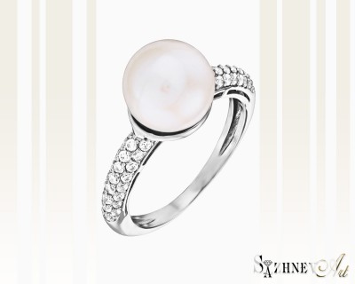 White Gold Cubic Zirconia and Pearl Ring, Item CH091-k357w