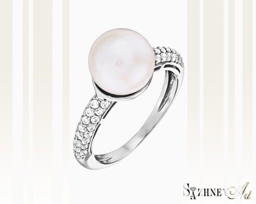 White Gold Cubic Zirconia and Pearl Ring, It. CH091-k357w